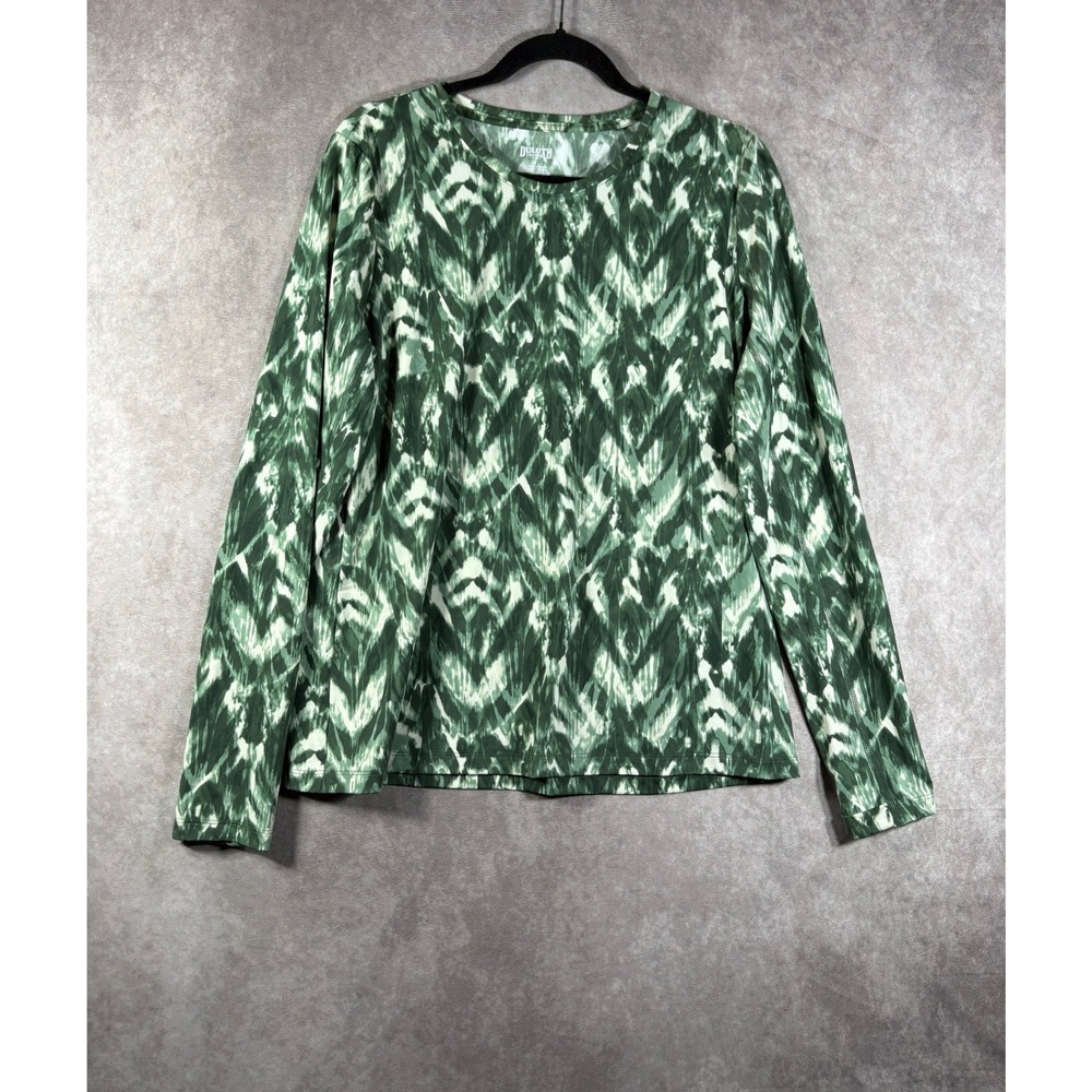 Duluth Trading Co Top Womens Large Green Abstract Print Crew Neck Long Sleeve